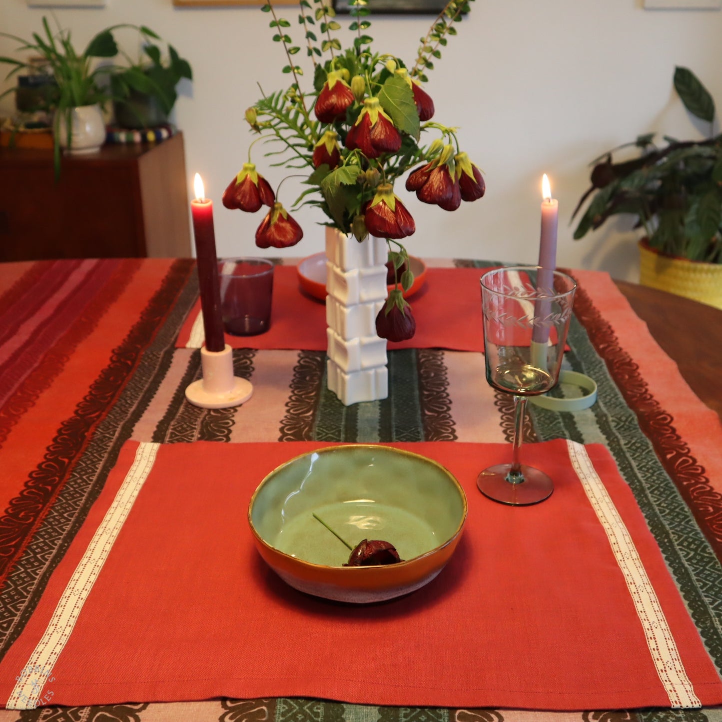 Set of 3Linen Placemats with Vintage Lace Trim in Raspberry Linen Color