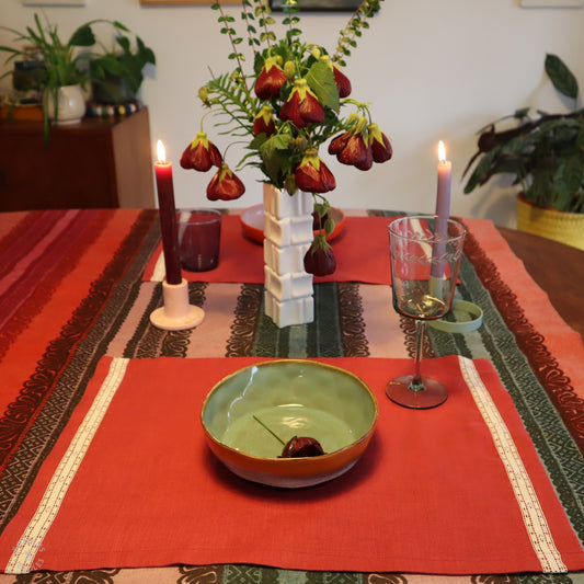 Set of 3Linen Placemats with Vintage Lace Trim in Raspberry Linen Color