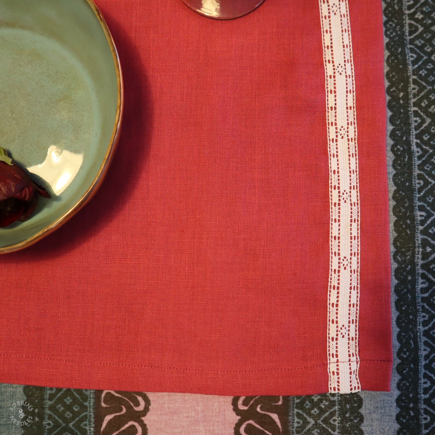 Set of 3Linen Placemats with Vintage Lace Trim in Raspberry Linen Color