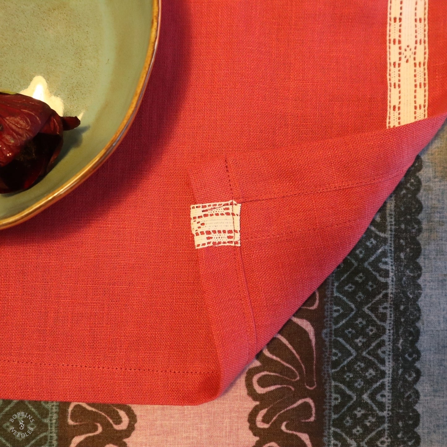 Set of 3Linen Placemats with Vintage Lace Trim in Raspberry Linen Color