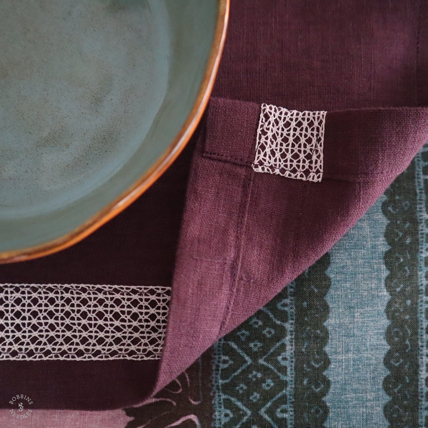 Set of 2 Plum Linen Placemats with Vintage Lace Trim