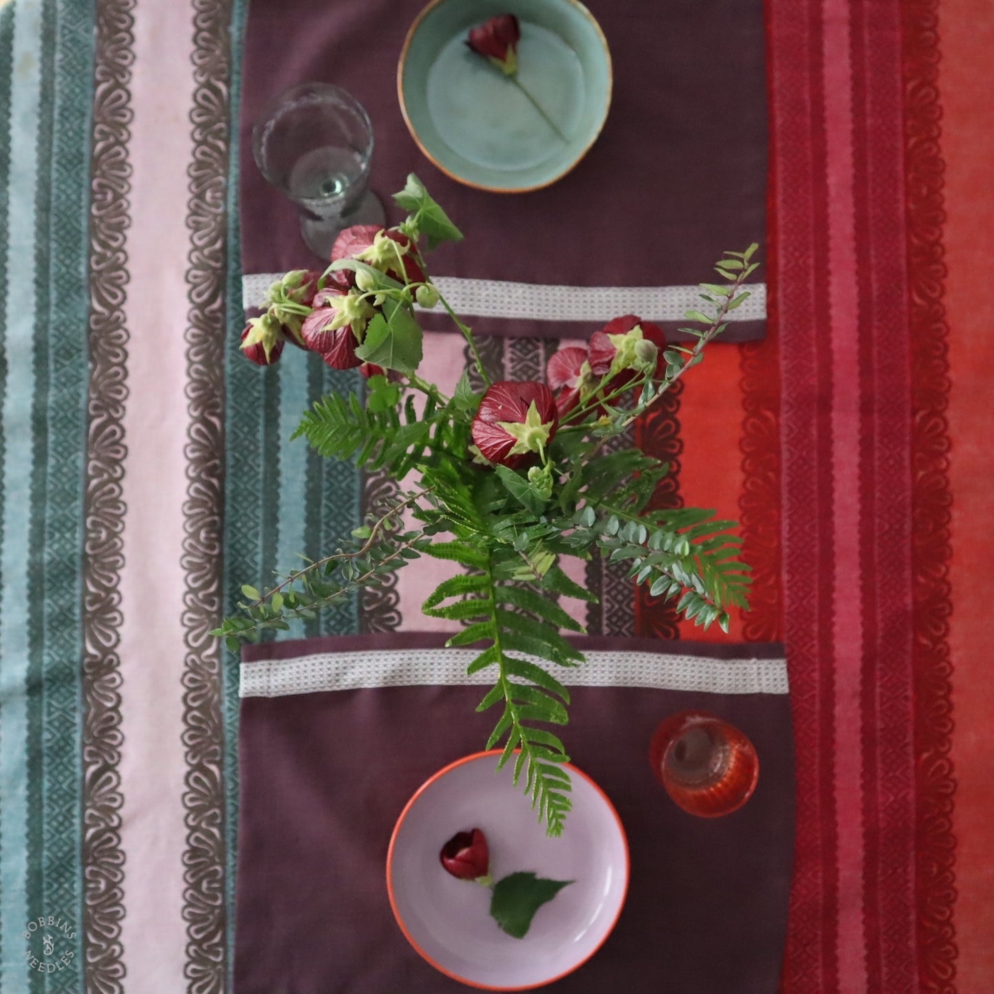 Set of 2 Plum Linen Placemats with Vintage Lace Trim