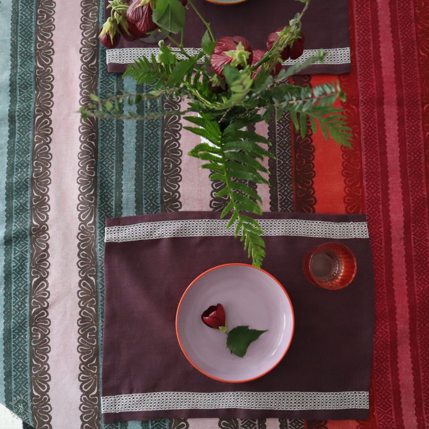 Set of 2 Plum Linen Placemats with Vintage Lace Trim