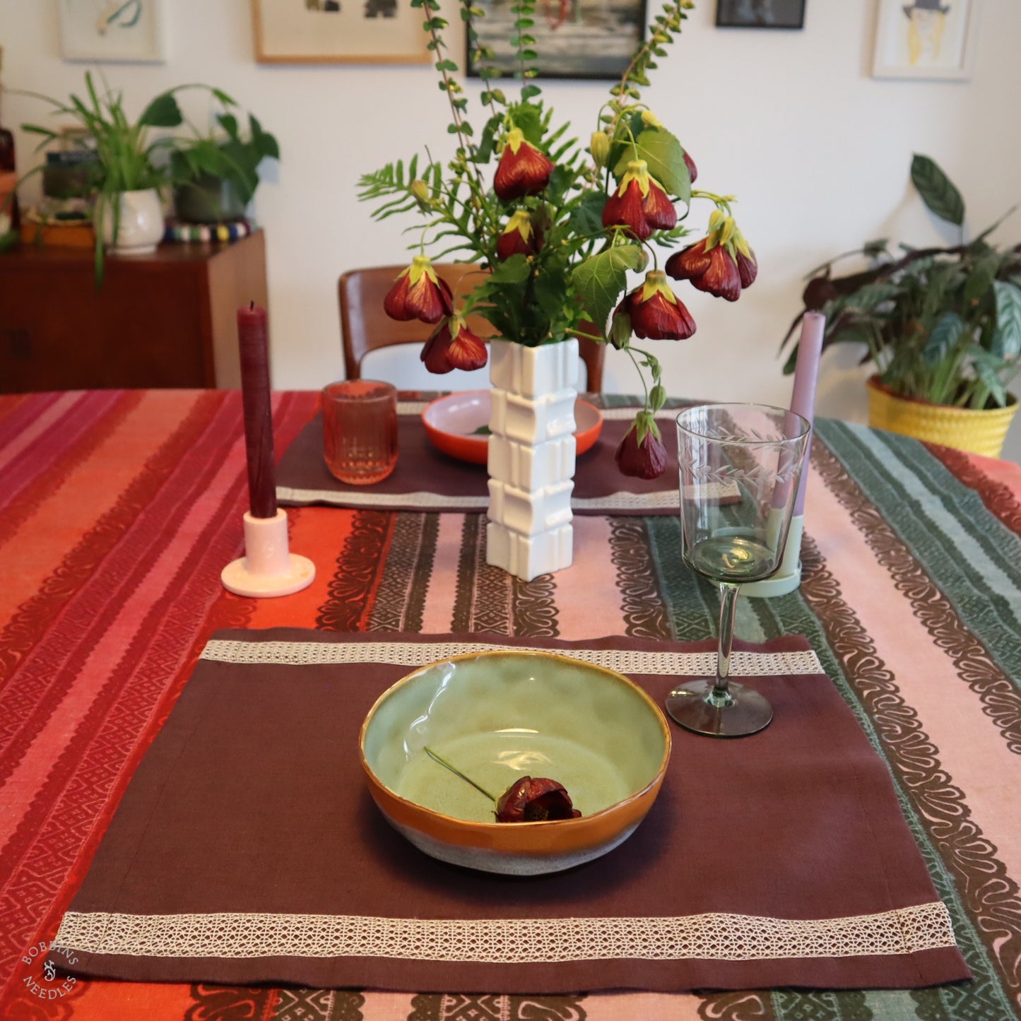 Set of 2 Plum Linen Placemats with Vintage Lace Trim