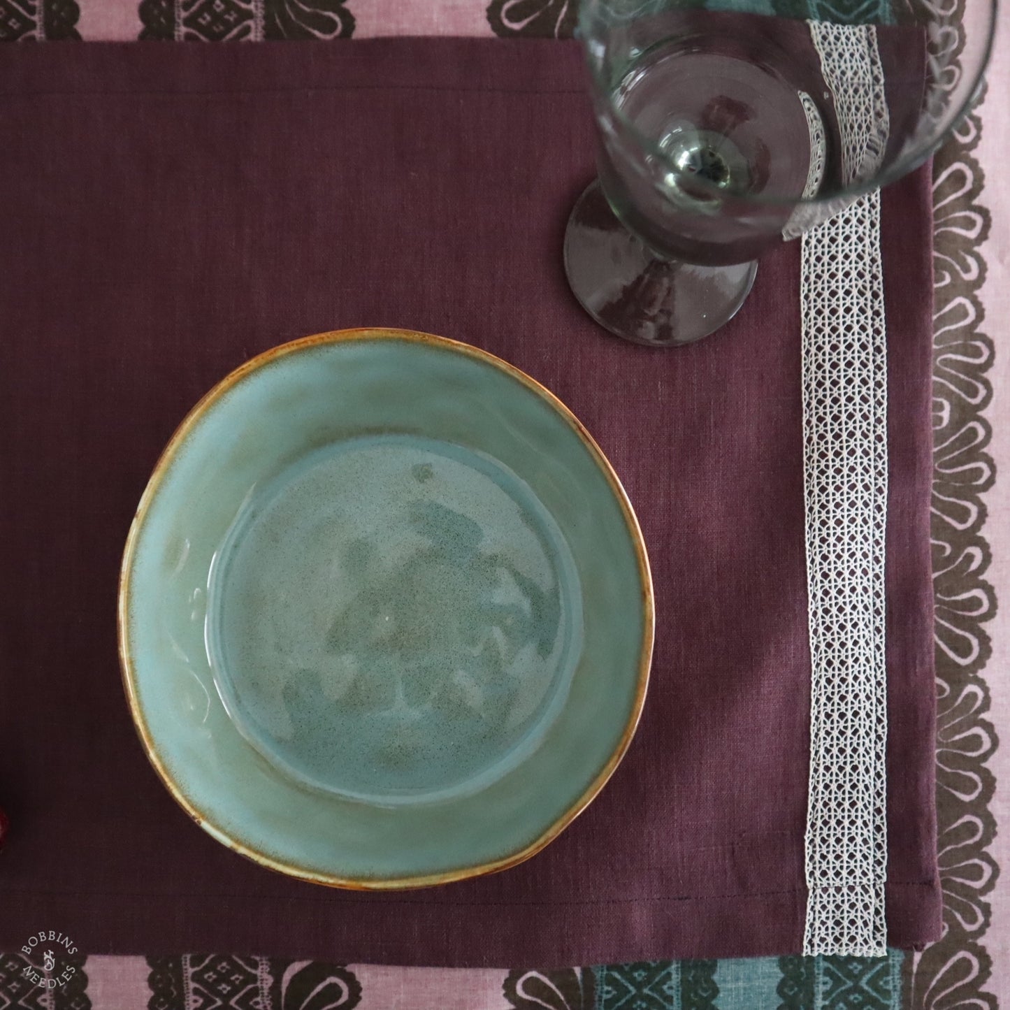 Plum Linen Placemats with Vintage Lace Trim (Set of 2)