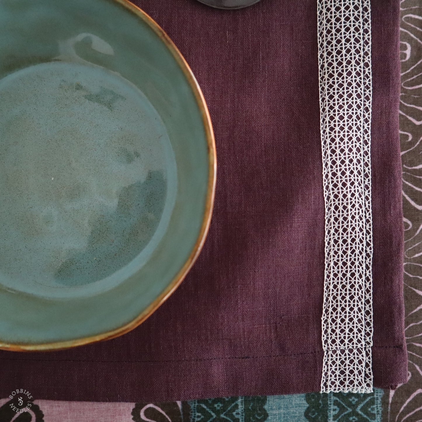 Plum Linen Placemats with Vintage Lace Trim (Set of 2)