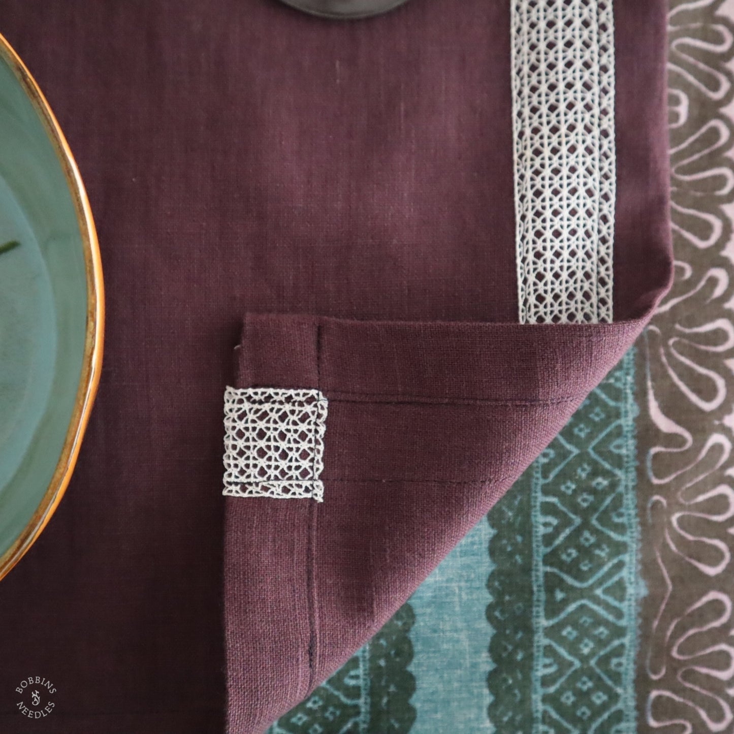 Plum Linen Placemats with Vintage Lace Trim (Set of 2)