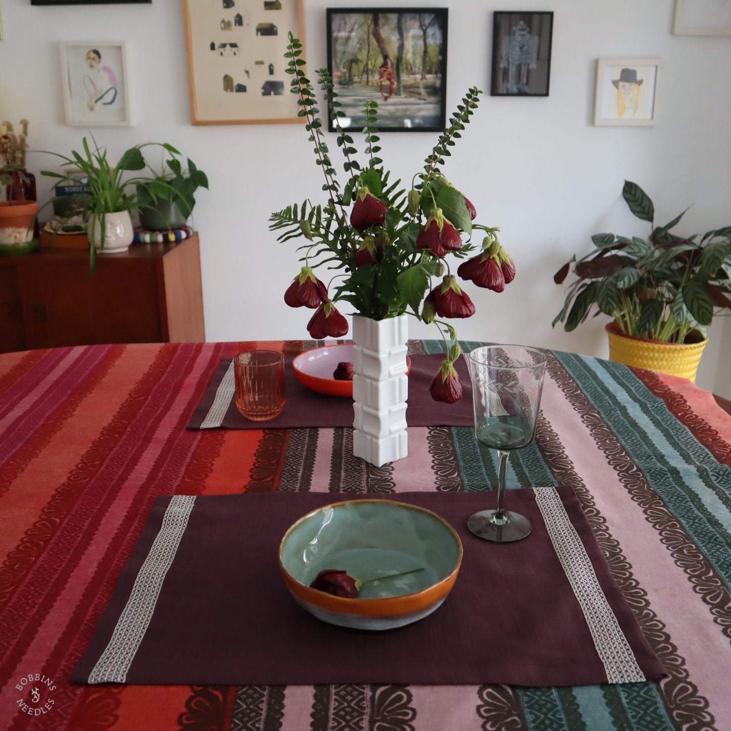 Plum Linen Placemats with Vintage Lace Trim (Set of 2)