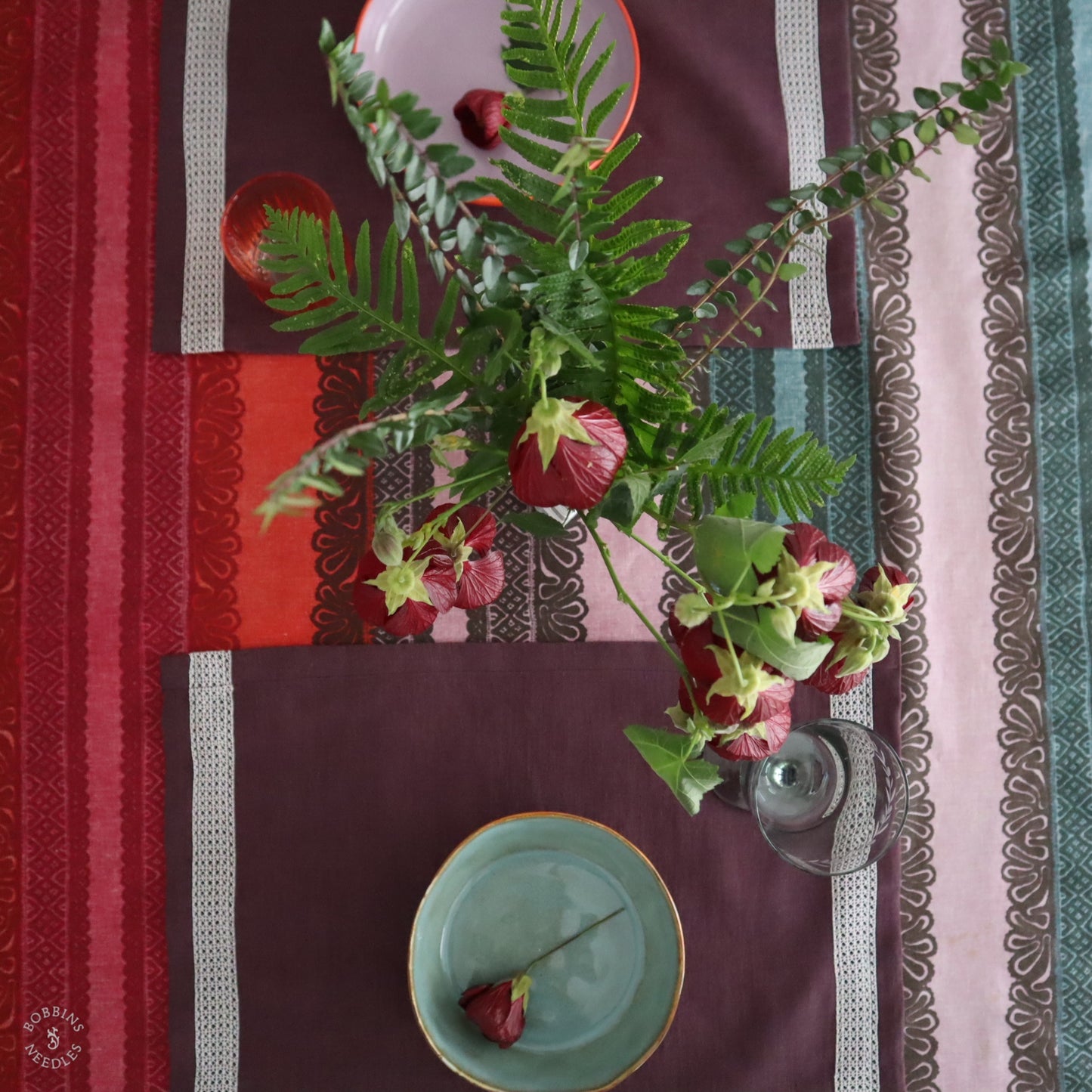 Plum Linen Placemats with Vintage Lace Trim (Set of 2)