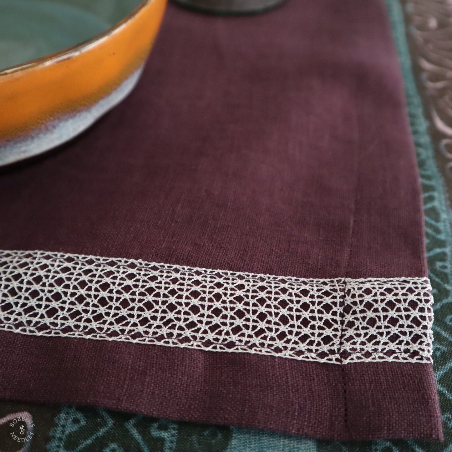 Set of 2 Plum Linen Placemats with Vintage Lace Trim