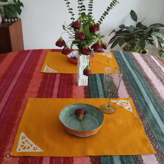 Mustard Linen Placemats with Handmade Lace Inserts (Set of 4)