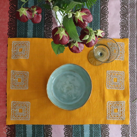 Mustard Linen Placemats with Handmade Lace Inserts (Set of 4)