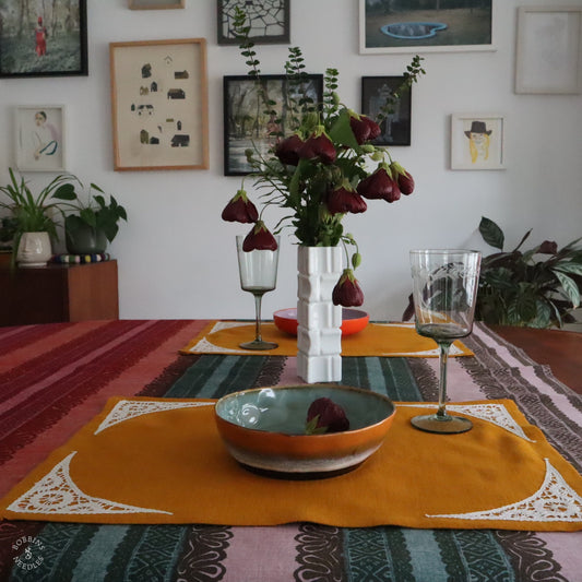 Mustard Linen Placemats with Handmade Lace Inserts (Set of 2)