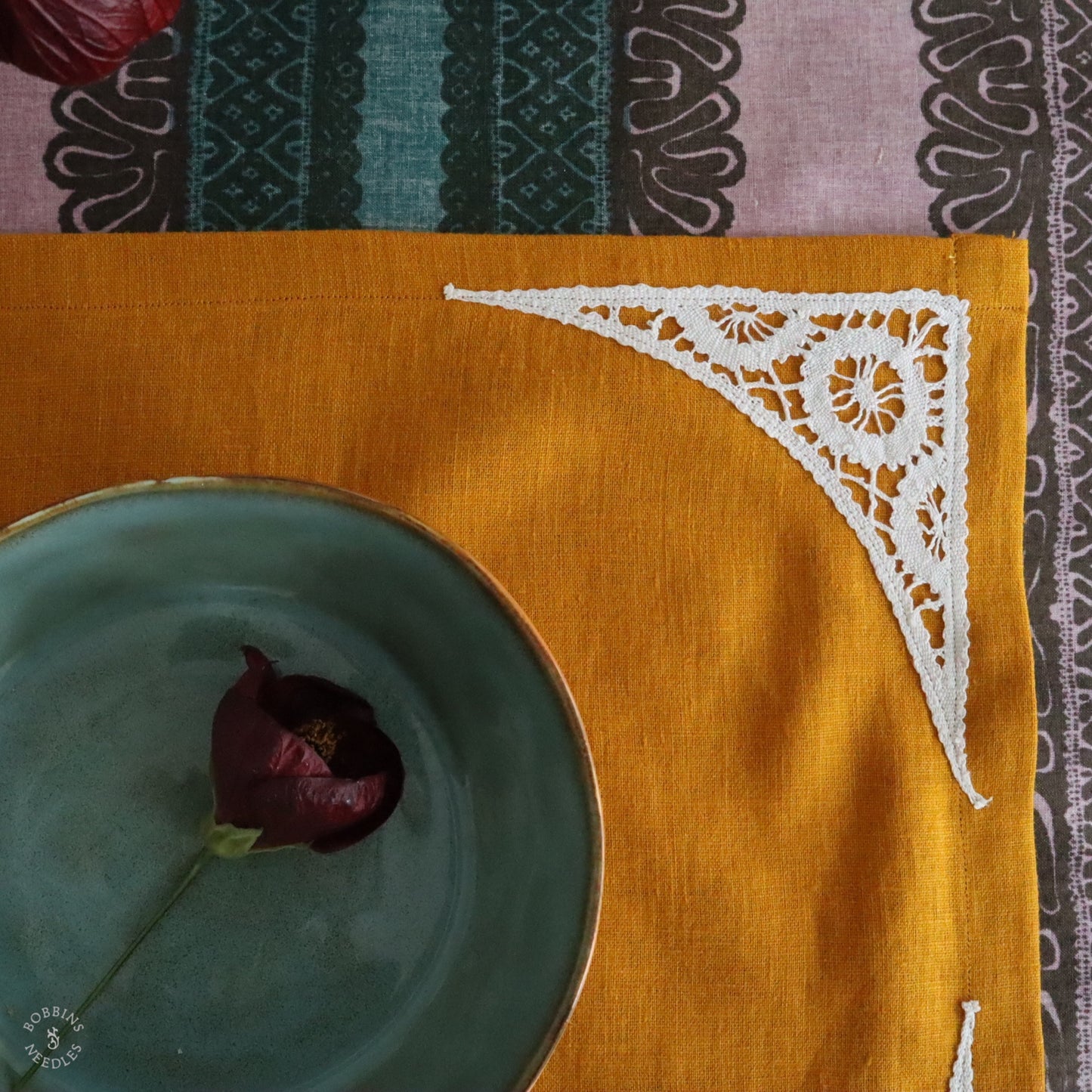 Mustard Linen Placemats with Handmade Lace Inserts (Set of 2)