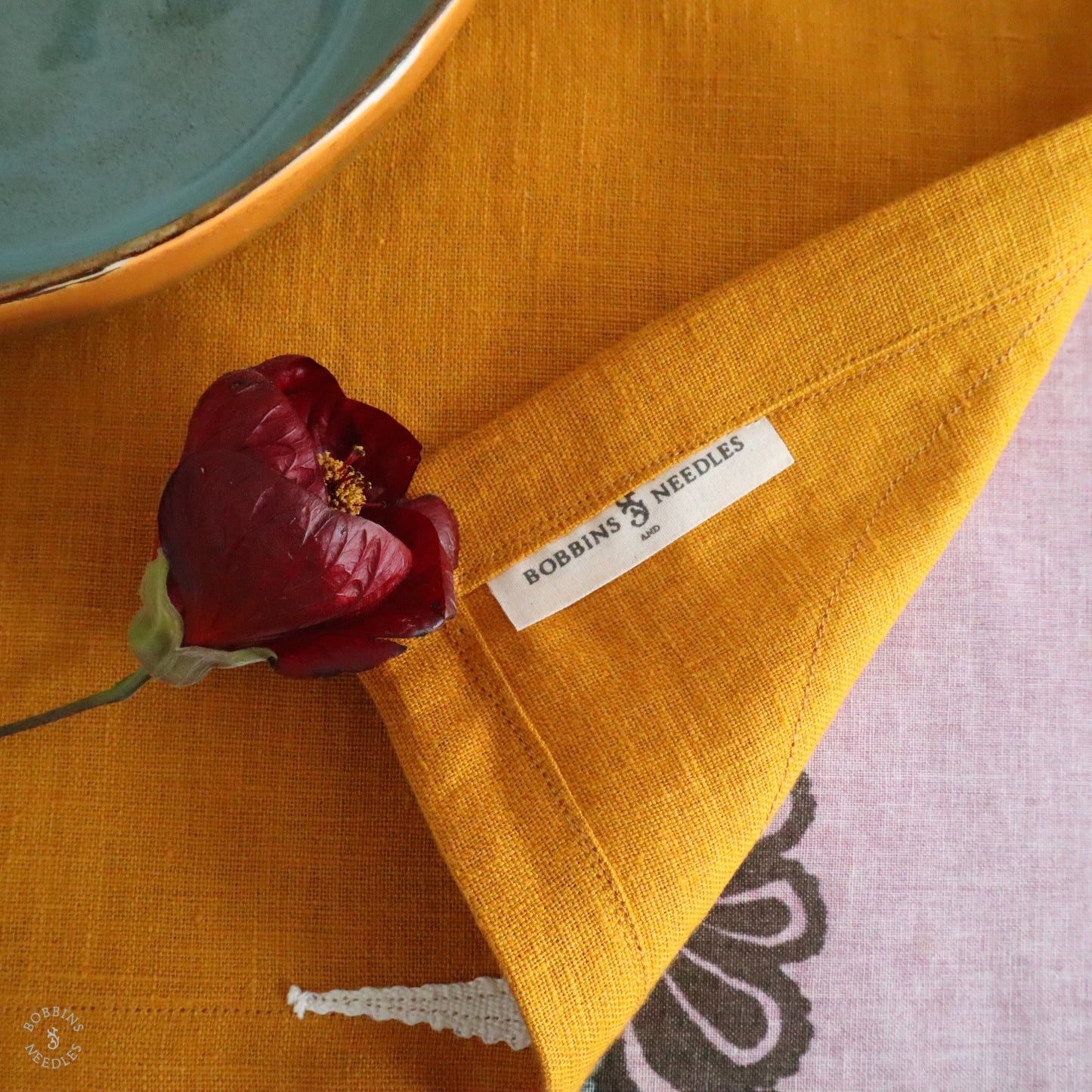 Mustard Linen Placemats with Handmade Lace Inserts (Set of 2)