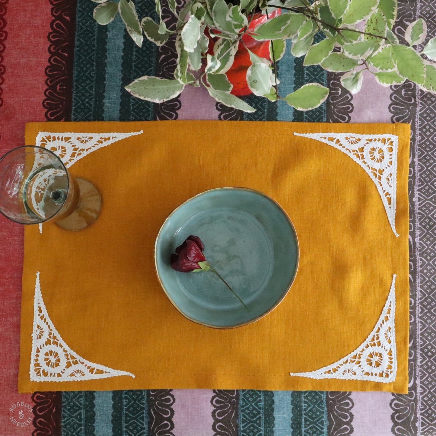 Mustard Linen Placemats with Handmade Lace Inserts (Set of 2)