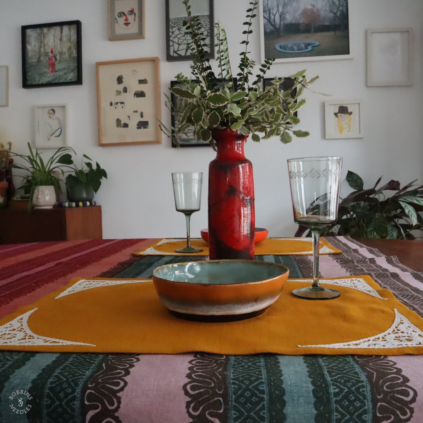 Mustard Linen Placemats with Handmade Lace Inserts (Set of 2)