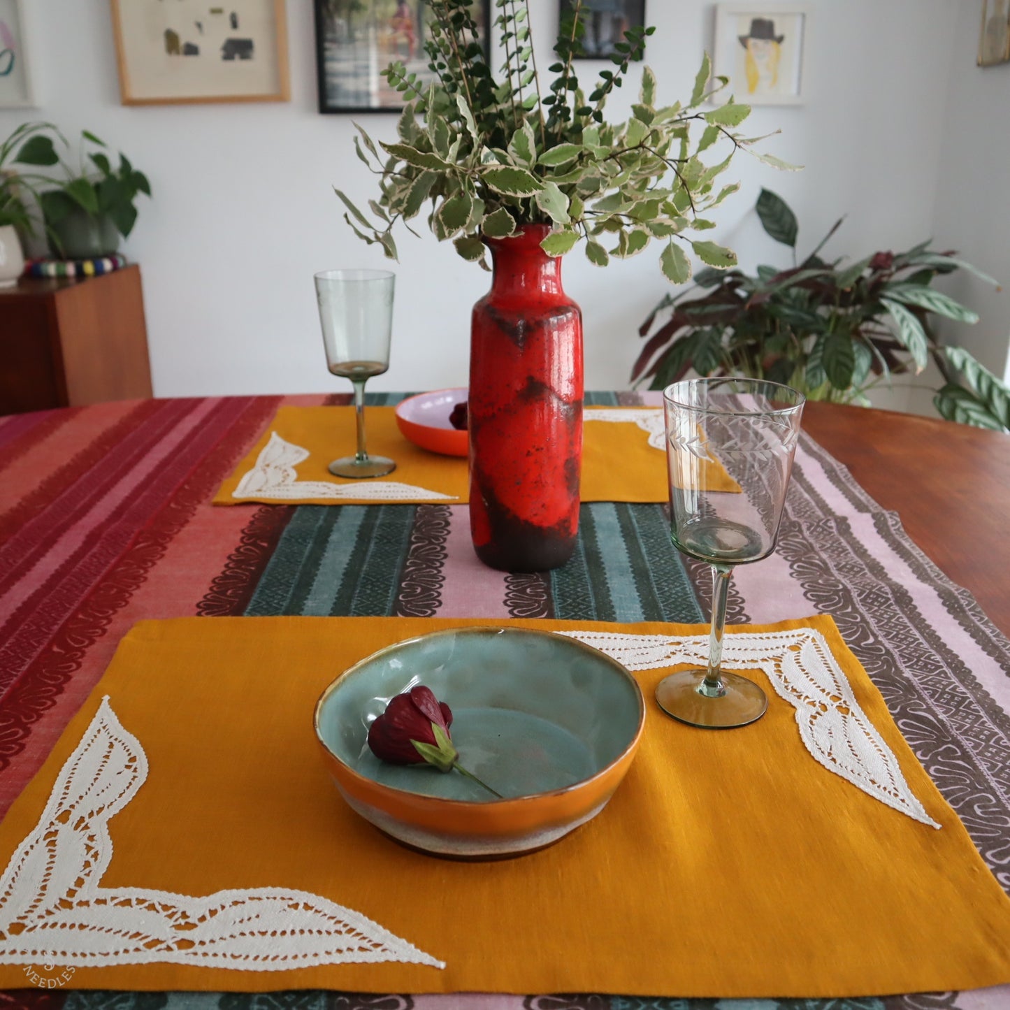 Mustard Linen Placemats with Handmade Lace Inserts (Set of 2)