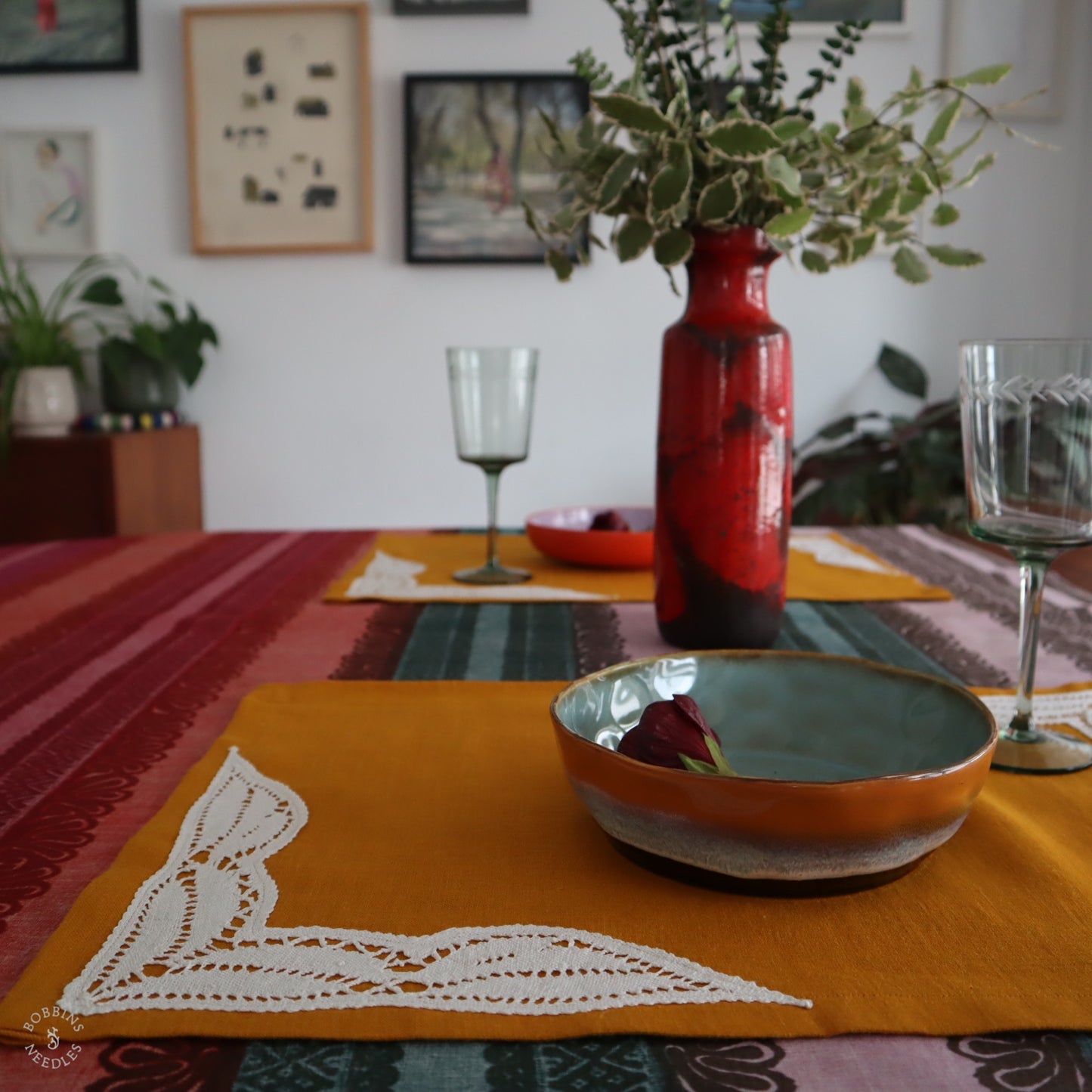Mustard Linen Placemats with Handmade Lace Inserts (Set of 2)
