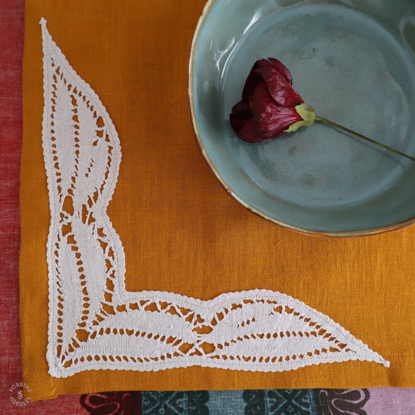Mustard Linen Placemats with Handmade Lace Inserts (Set of 2)