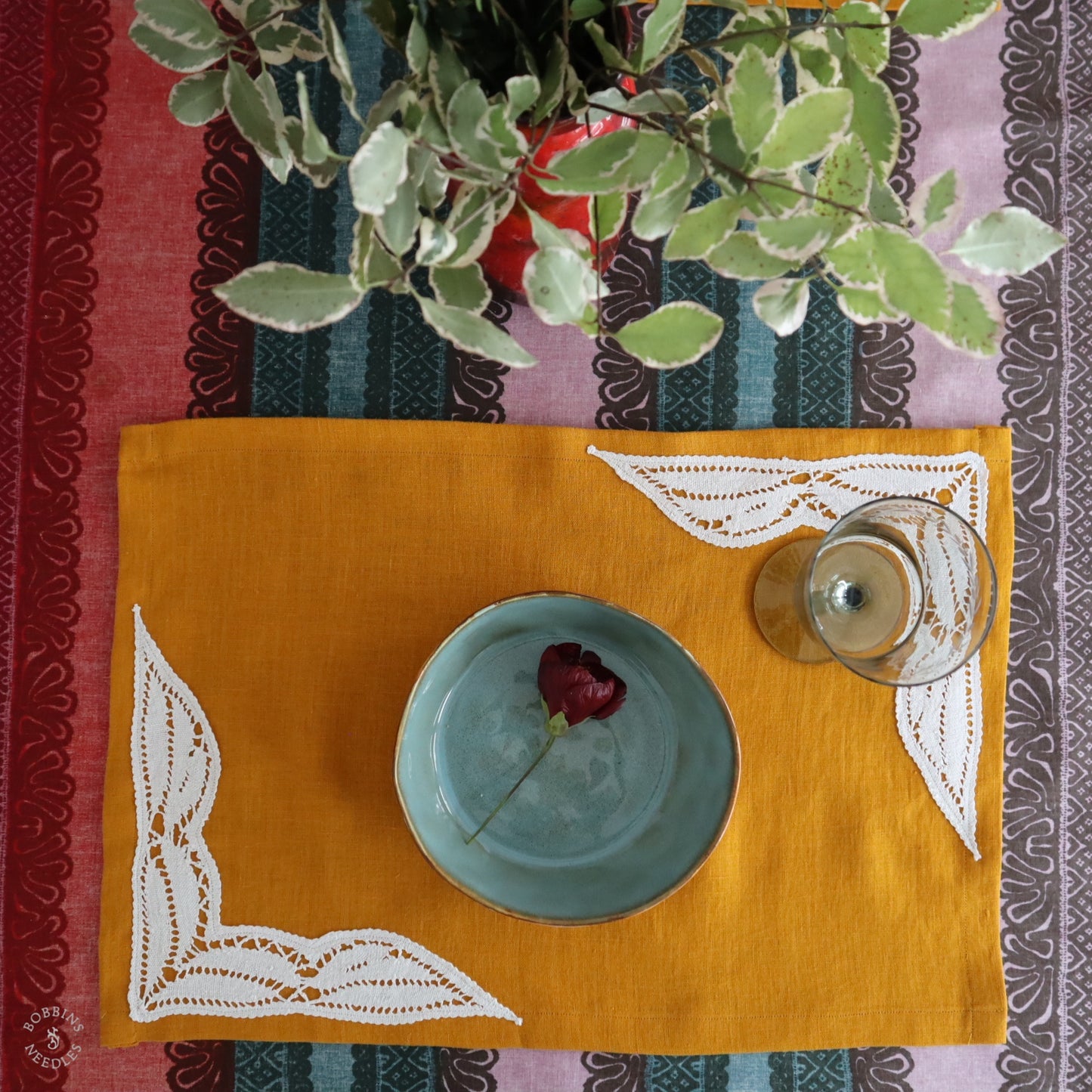 Mustard Linen Placemats with Handmade Lace Inserts (Set of 2)