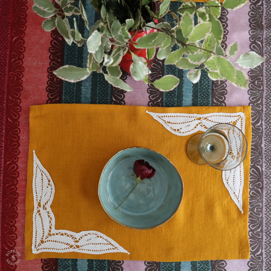 Mustard Linen Placemats with Handmade Lace Inserts (Set of 2)