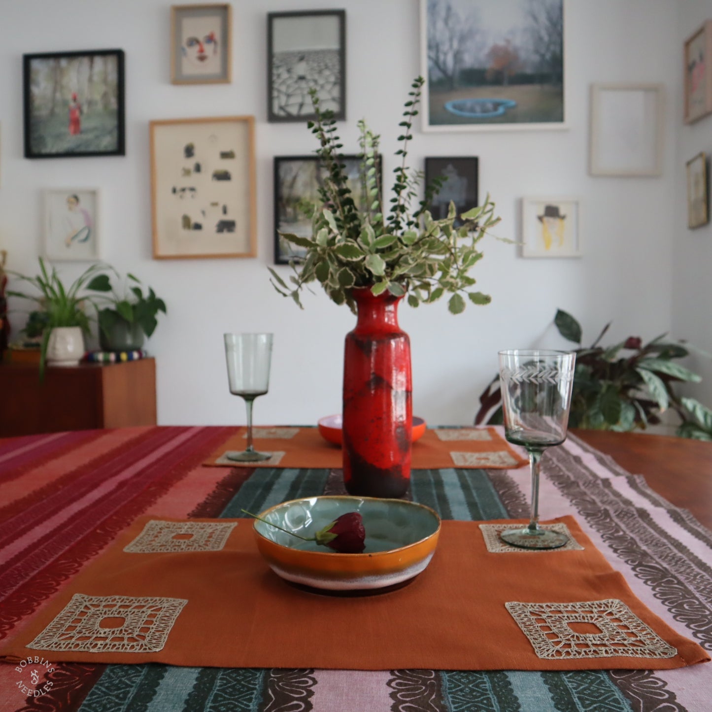 Set of 2 Linen Placemats with Handmade Lace Inserts in Terracota linen
