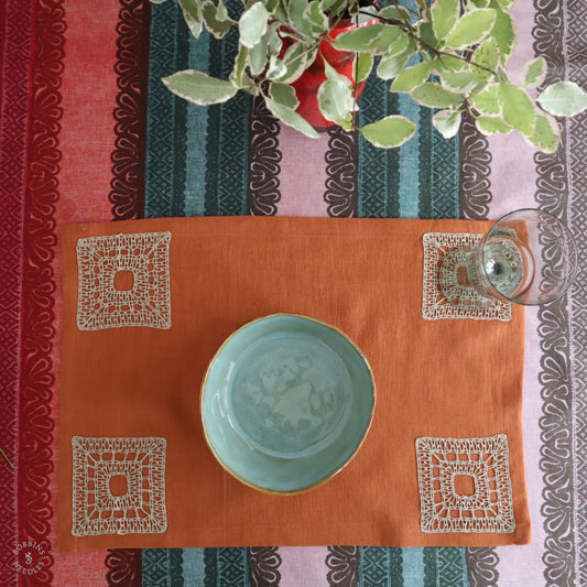 Set of 2 Linen Placemats with Handmade Lace Inserts in Terracota linen