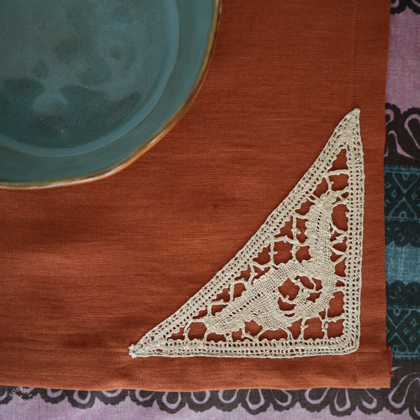 Set of 2 Linen Placemats with Handmade Lace Inserts in Terracota linen