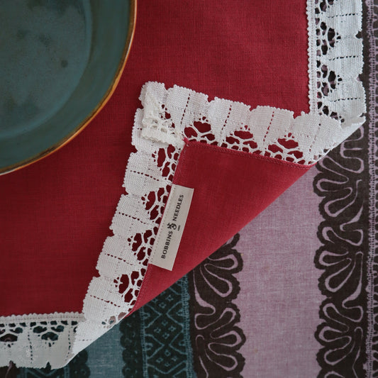 Linen Placemats with Vintage French Lace Border in Raspberry Pink (Set of 2)