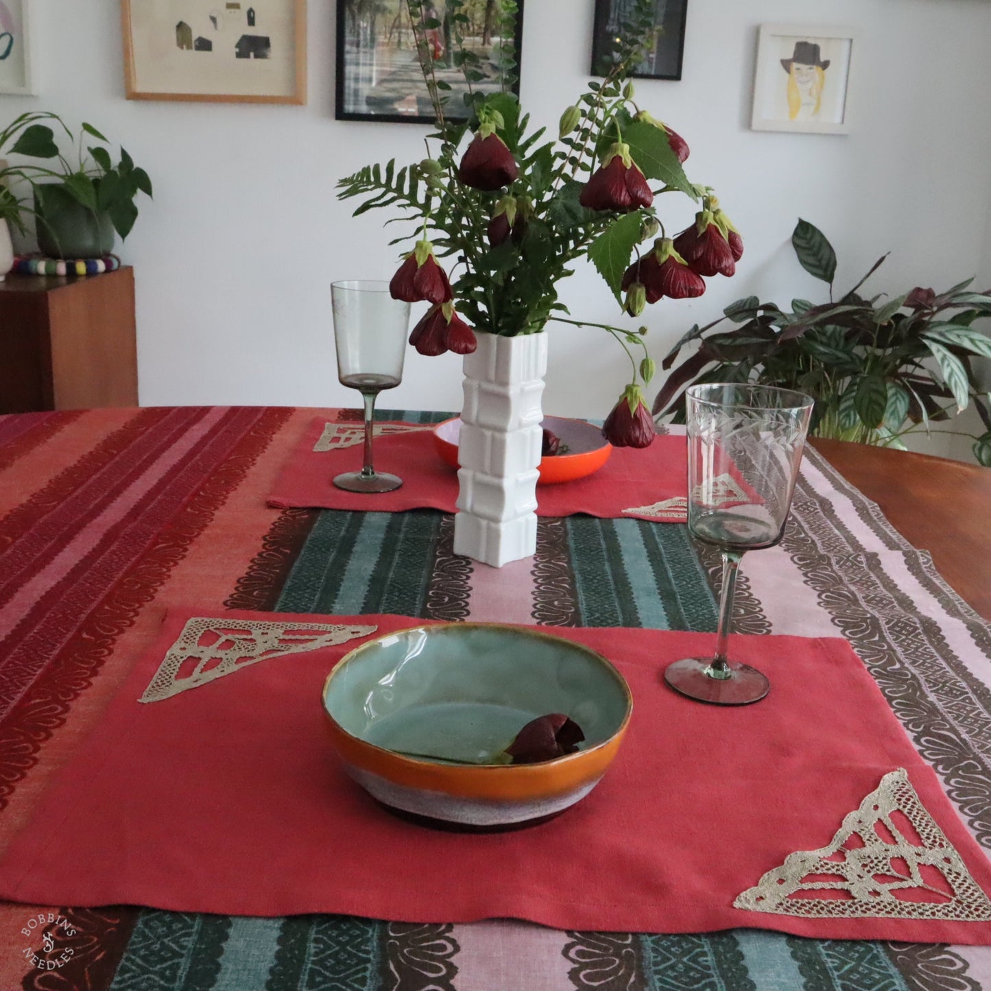 Set of 2 Linen Placemats with Handmade Lace Inserts in Raspberry pink
