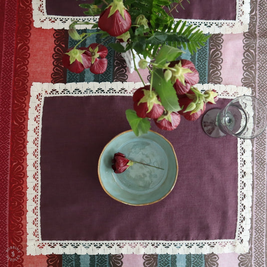 Set of 2 Linen Placemats with Vintage French Lace Border in Plum Purple