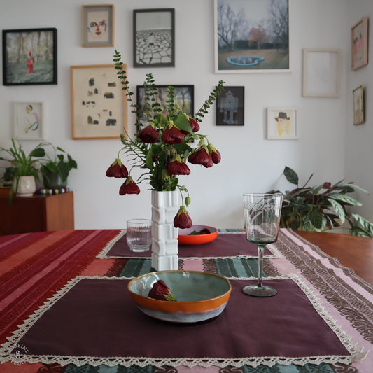 Linen Placemats with Vintage French Lace Border in Plum Purple Color (Set of 2)