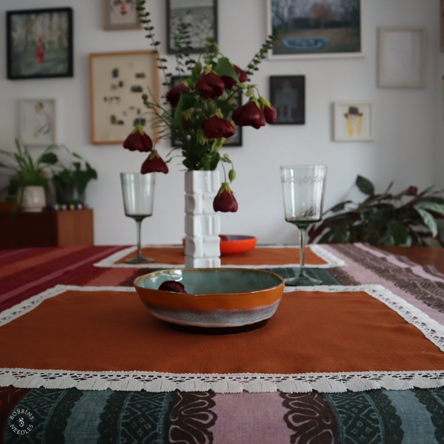 Terracotta Linen Placemats with Vintage French Lace (Set of 2)