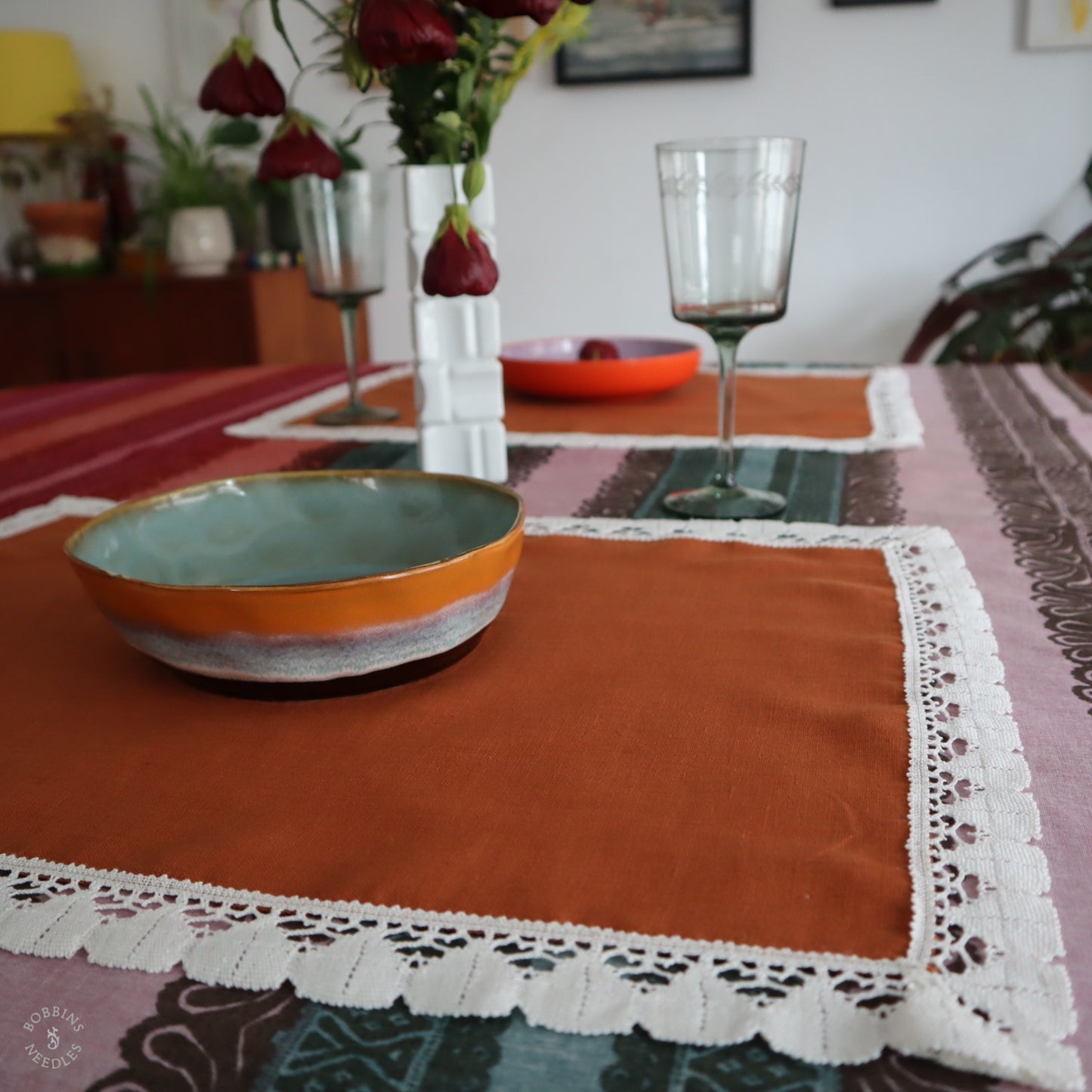 Terracotta Linen Placemats with Vintage French Lace (Set of 2)