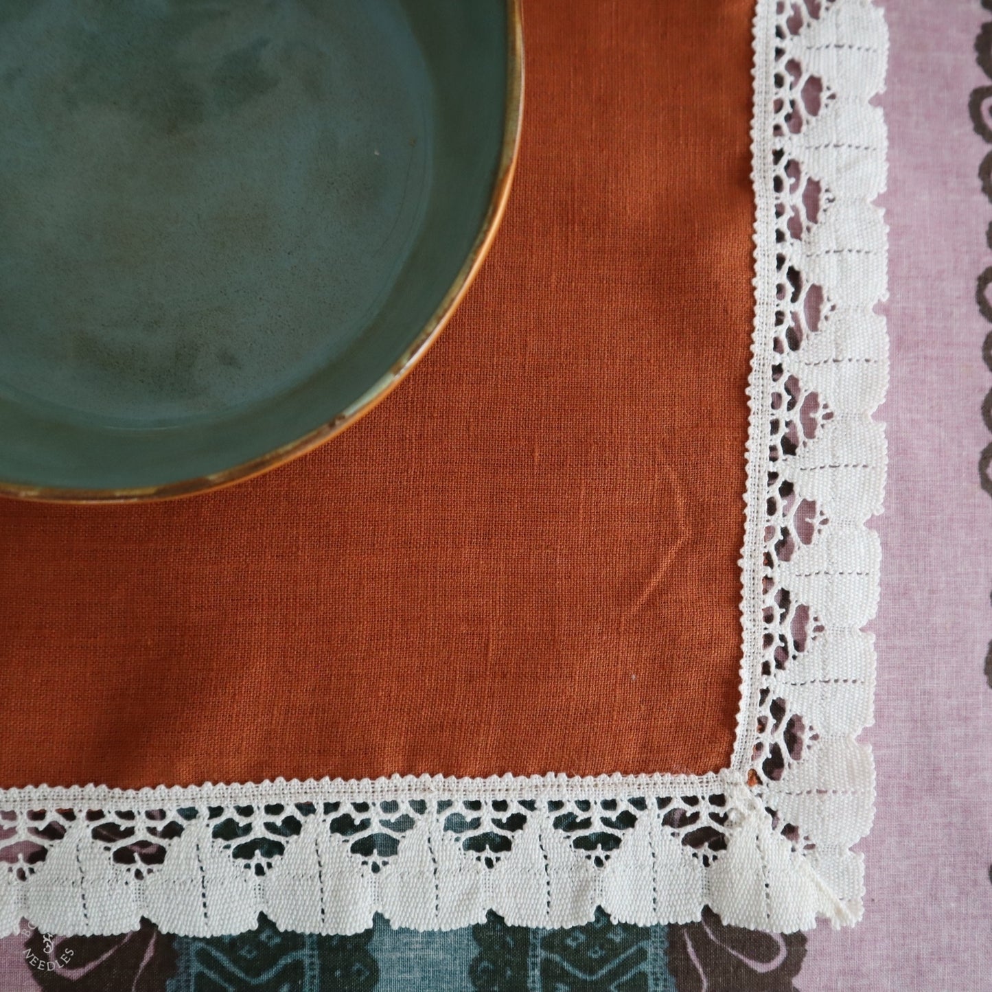 Terracotta Linen Placemats with Vintage French Lace (Set of 2)