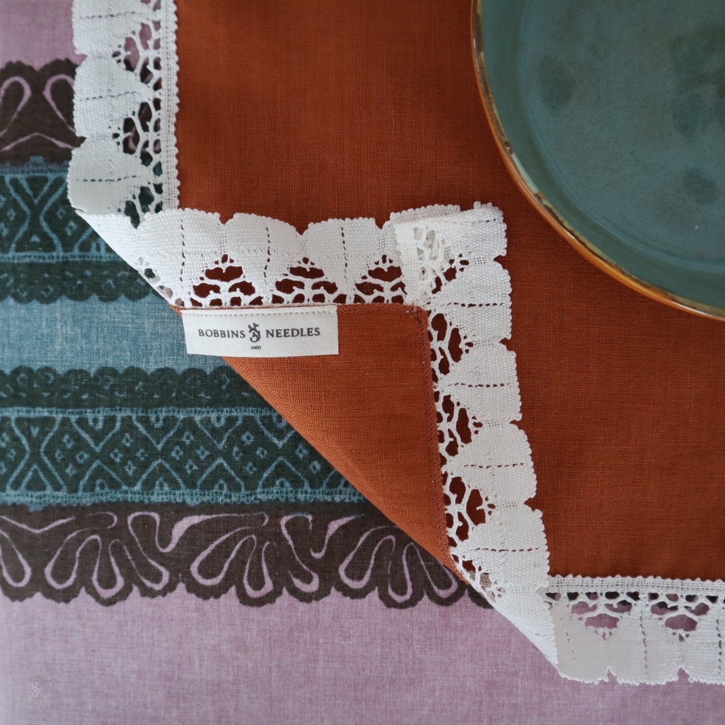 Terracotta Linen Placemats with Vintage French Lace (Set of 2)