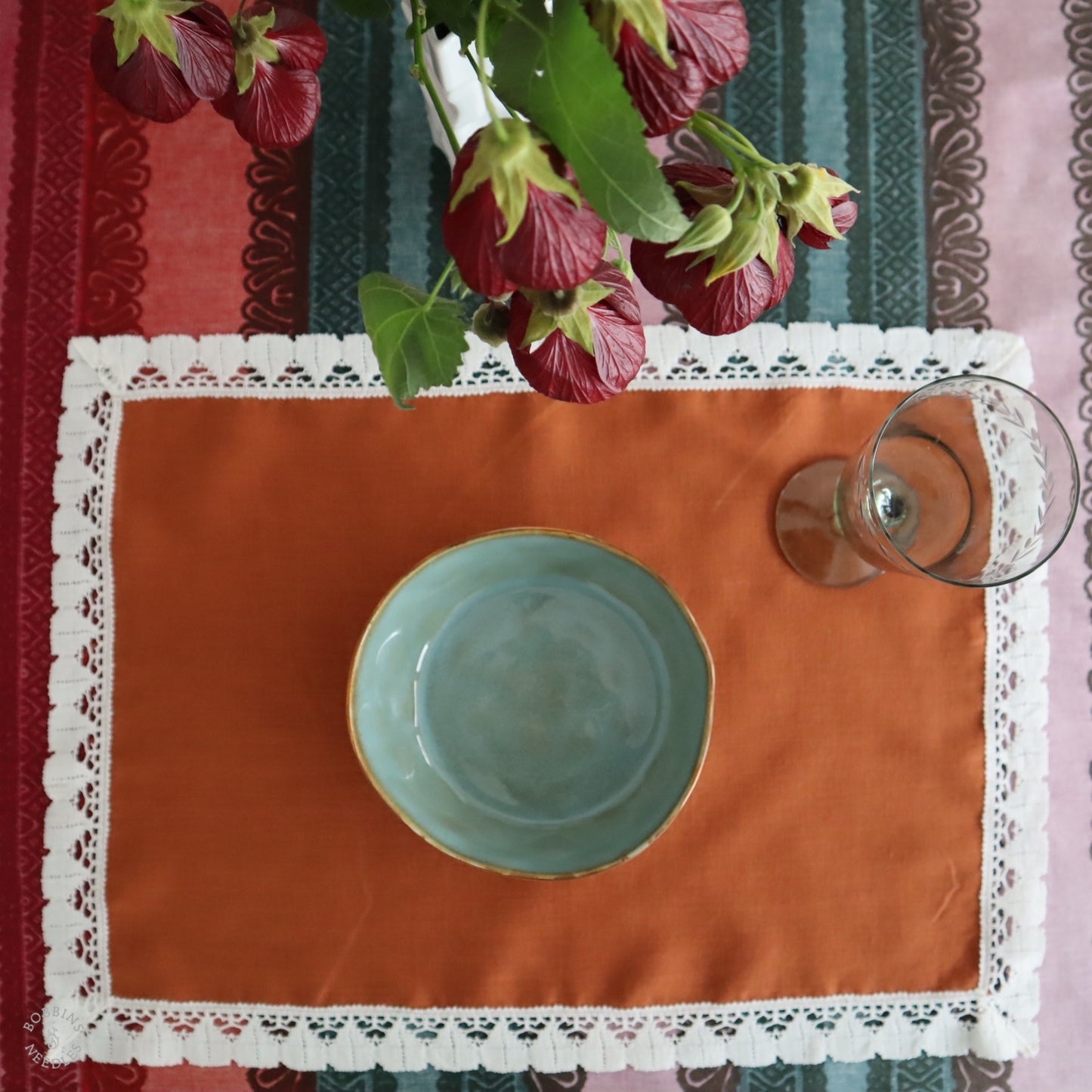 Terracotta Linen Placemats with Vintage French Lace (Set of 2)