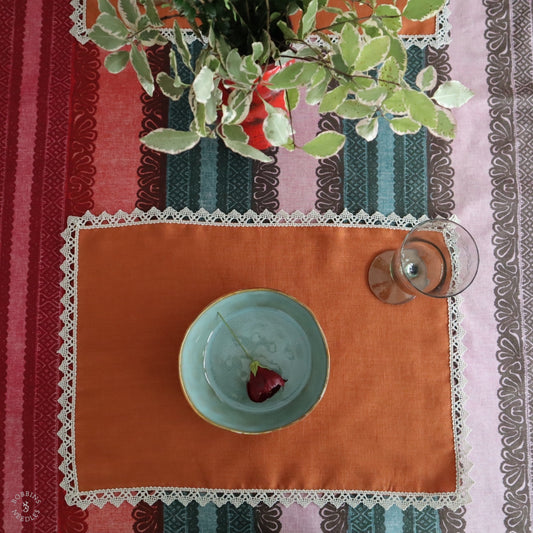 Terracotta Linen Placemats with Vintage French Lace Border (Set of 2)