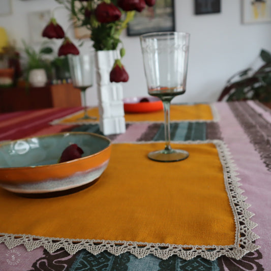 Linen Placemats with Vintage French Lace Border Set of 2 in Mustard Yellow Color