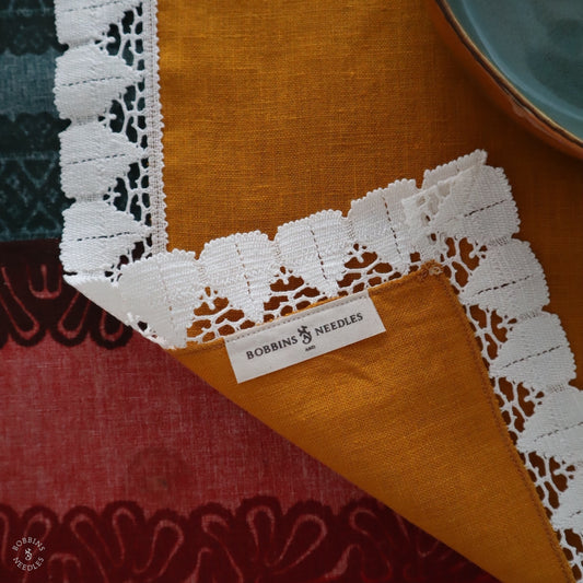 Set of 2 Linen Placemats with Vintage French Lace Border in Mustard Yellow