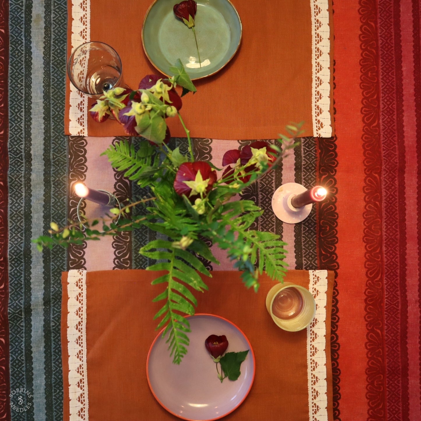 Linen Placemats with Vintage Lace Trim - Set of 2 in Terracota Linen Color
