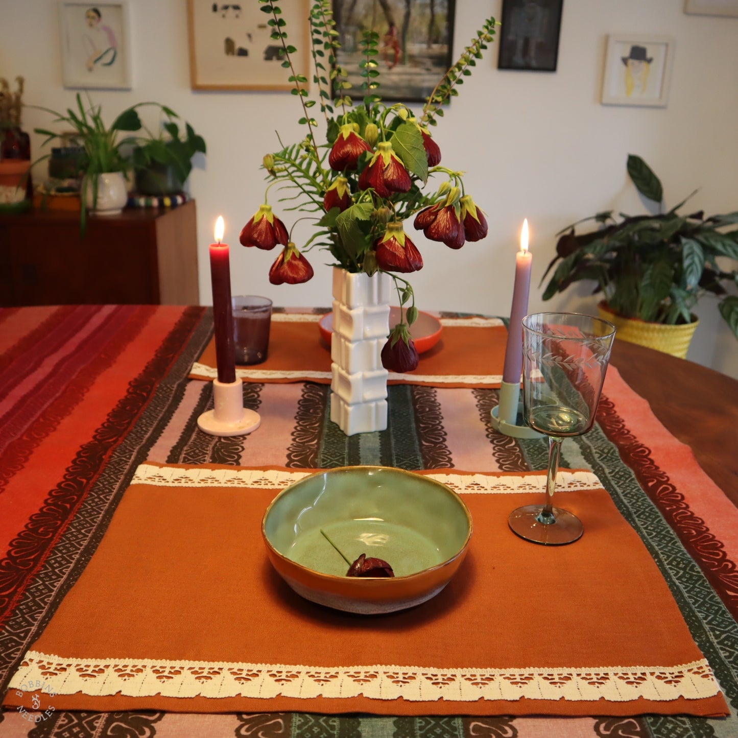 Set of 2 Linen Placemats with Vintage Lace Trim in Terracota Linen Color