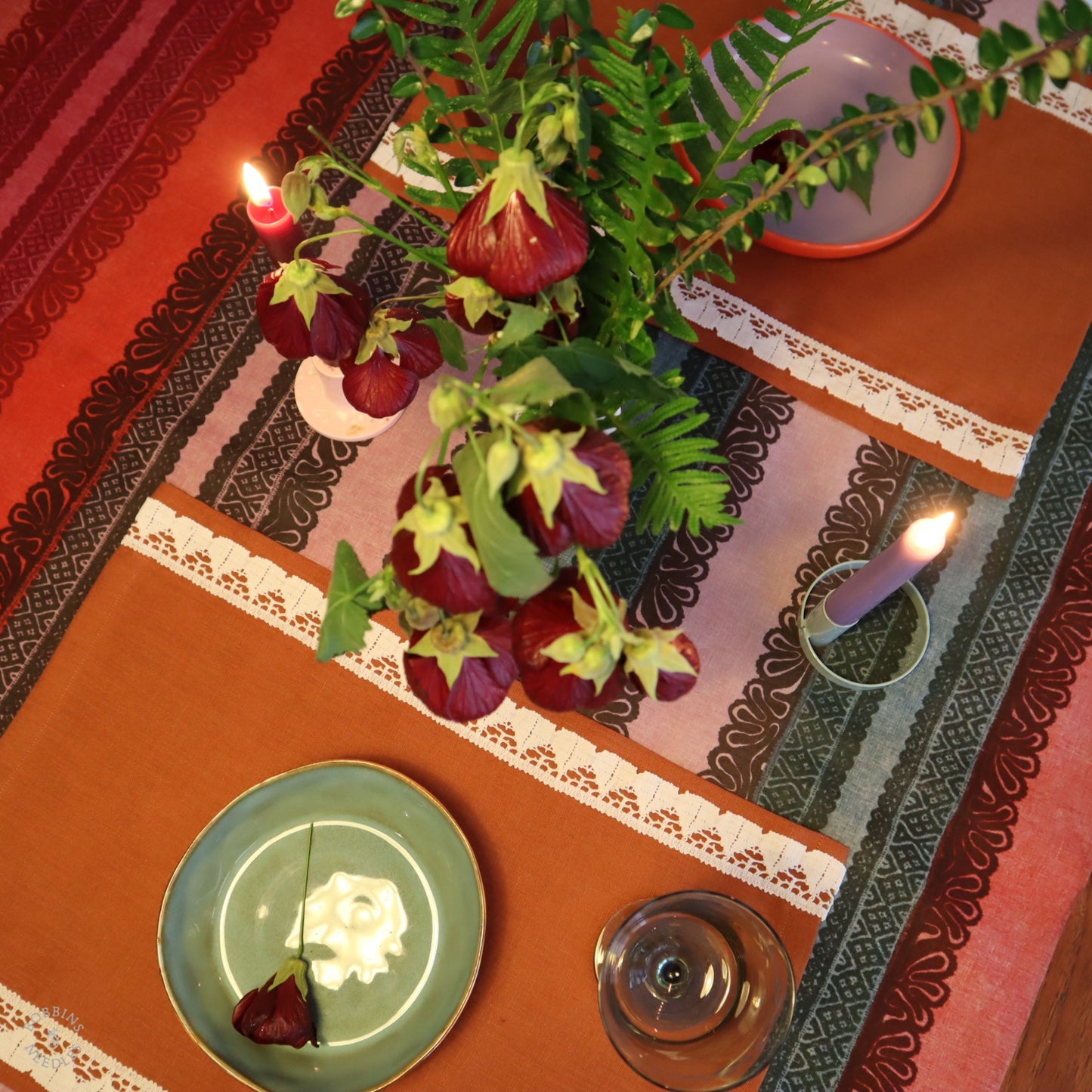 Set of 2 Linen Placemats with Vintage Lace Trim in Terracota Linen Color