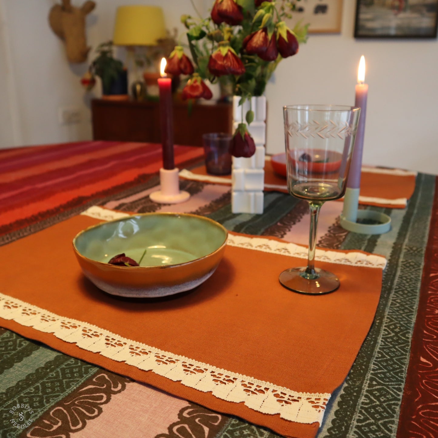 Set of 2 Linen Placemats with Vintage Lace Trim in Terracota Linen Color