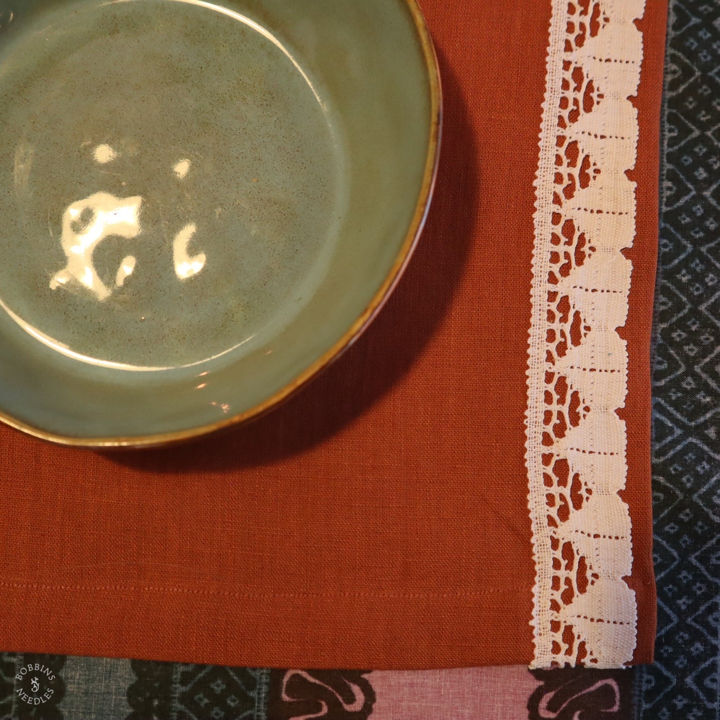 Linen Placemats with Vintage Lace Trim - Set of 2 in Terracota Linen Color