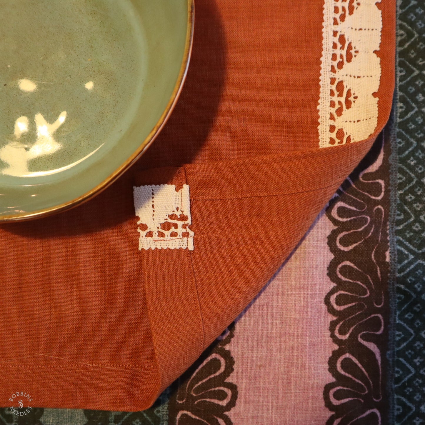 Linen Placemats with Vintage Lace Trim - Set of 2 in Terracota Linen Color