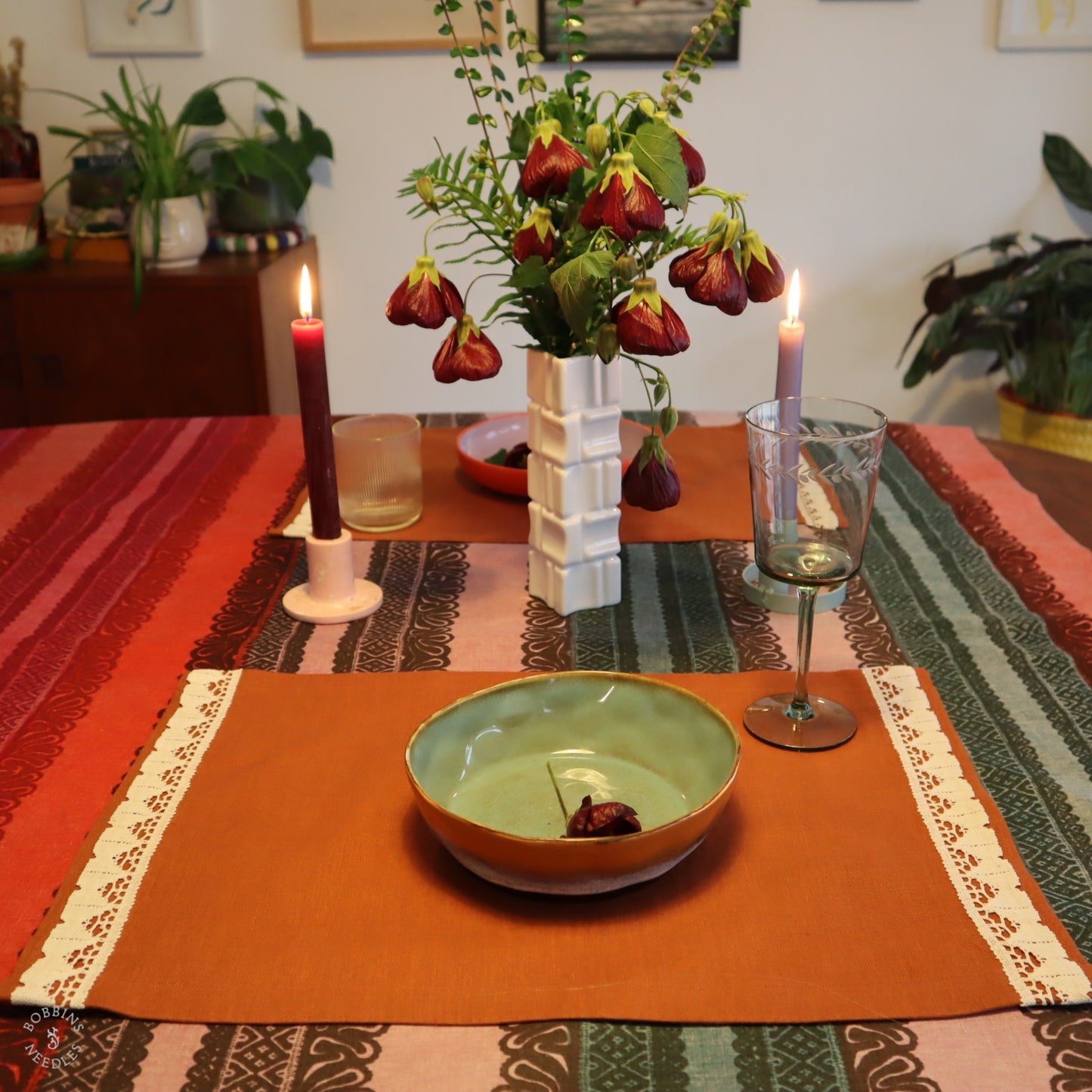Linen Placemats with Vintage Lace Trim - Set of 2 in Terracota Linen Color