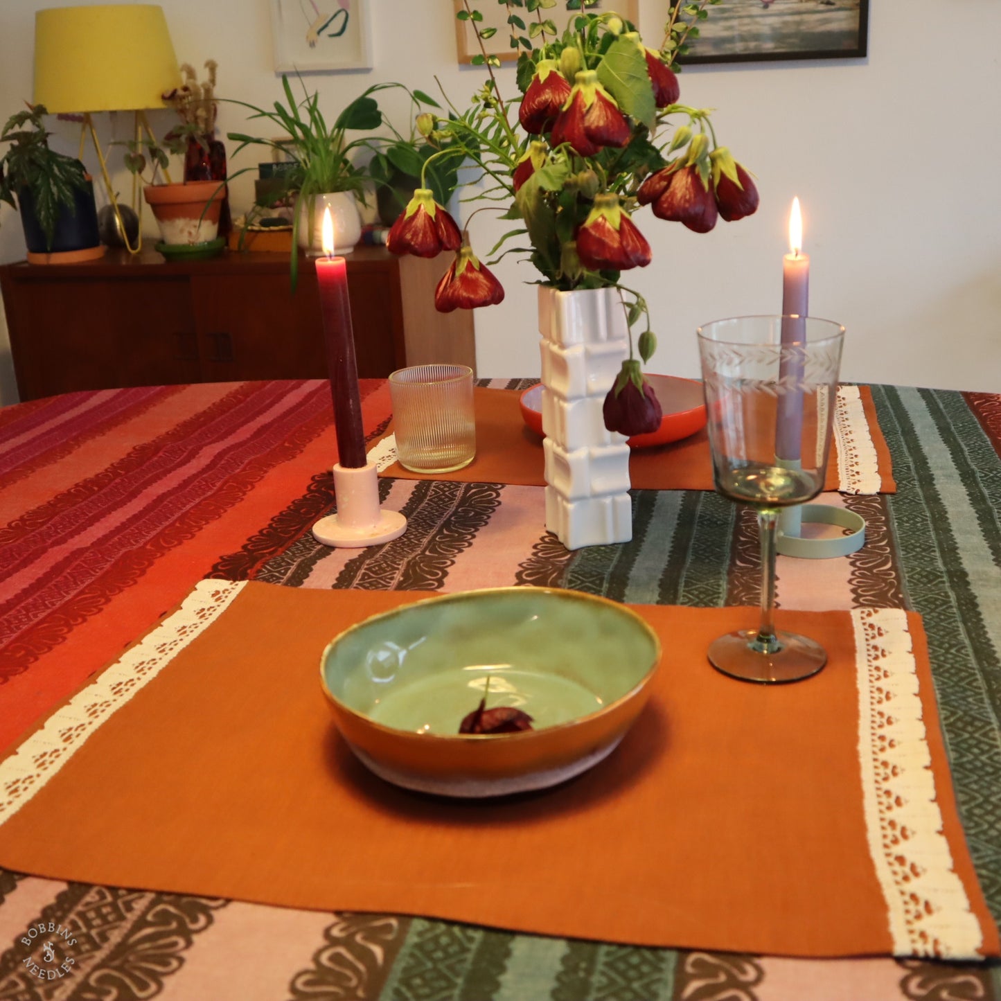 Linen Placemats with Vintage Lace Trim - Set of 2 in Terracota Linen Color