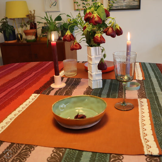 Linen Placemats with Vintage Lace Trim - Set of 2 in Terracota Linen Color